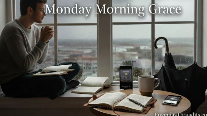 Man sitting by a rainy window with open journals, coffee, phone, and umbrella, reflecting and planning for storms while trusting God at the start of the week.