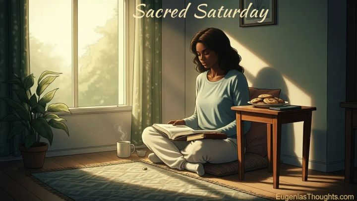 African American woman reading a Bible on the floor in morning light, with untouched cookies on a side table and “Sacred Saturday” text, symbolizing denying the flesh for spiritual clarity.