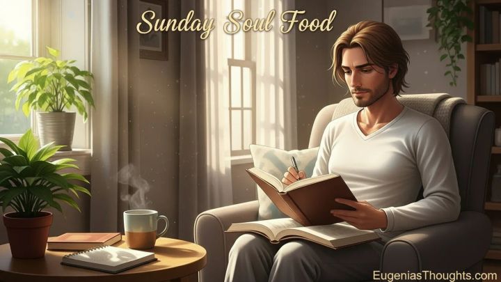 Man journaling with an open Bible in a cozy, sunlit room under the words “Sunday Soul Food,” symbolizing healing from past hurt and creating gentle, faith-based rhythms for the week.