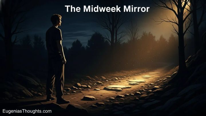 Person standing on a dark forest path at night, facing a pool of warm light ahead under the title The Midweek Mirror and EugeniasThoughts.com, symbolizing God’s guidance in confusion.
