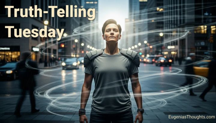 Person standing strong in a busy city street with glowing motion lines and “Truth‑Telling Tuesday” text, symbolizing bold faith and being chosen by God to confront lies and systems.