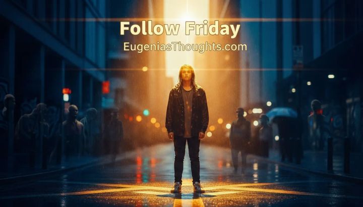 Person standing in a rainy city street under a golden beam of light with “Follow Friday – EugeniasThoughts.com,” symbolizing boldly following Jesus while others fade into the background.