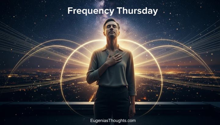 Man standing on a rooftop at night with one hand over his heart as golden frequency lines and stars glow behind him, Frequency Thursday and EugeniasThoughts.com text.