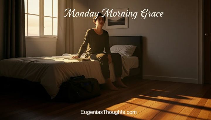 Person sitting on the edge of a bed in warm morning light with Monday Morning Grace and EugeniasThoughts.com text, symbolizing grounding yourself and moving forward after betrayal.
