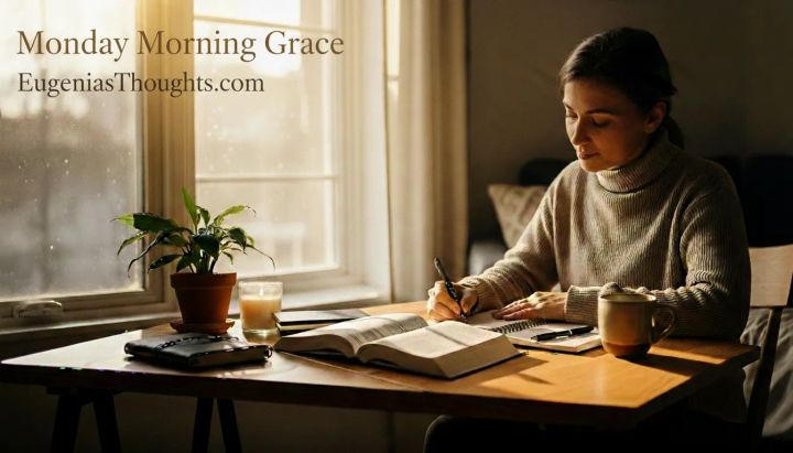 Woman journaling beside an open Bible at a sunlit table with the words “Monday Morning Grace – EugeniasThoughts.com,” symbolizing a gentle, faith-filled start to the week.