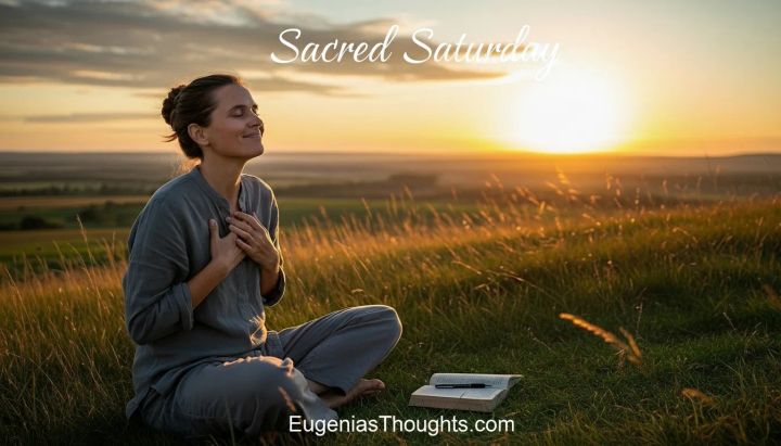 Woman sitting on a grassy hill at sunset with hands over her heart and a journal beside her, Sacred Saturday and EugeniasThoughts.com text, symbolizing peaceful rest in God.