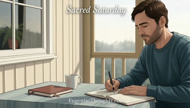 Man journaling at a table on a peaceful porch with a notebook and coffee, Sacred Saturday text above, symbolizing rest, reflection, and spiritual alignment in a chaotic world.
