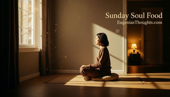 Woman sitting peacefully in a sunlit room with “Sunday Soul Food – EugeniasThoughts.com” text, symbolizing beginning the week grounded in God’s calming presence.