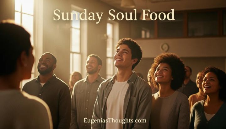 Diverse group of people standing together in warm sunlight, smiling and looking upward during worship, symbolizing Sunday Soul Food community, high vibration, and hope for the week ahead.