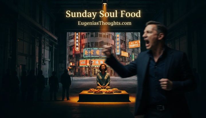 Calm person seated at a lit table in a city alley while a blurred figure rants in the foreground, with “Sunday Soul Food – EugeniasThoughts.com” glowing above.