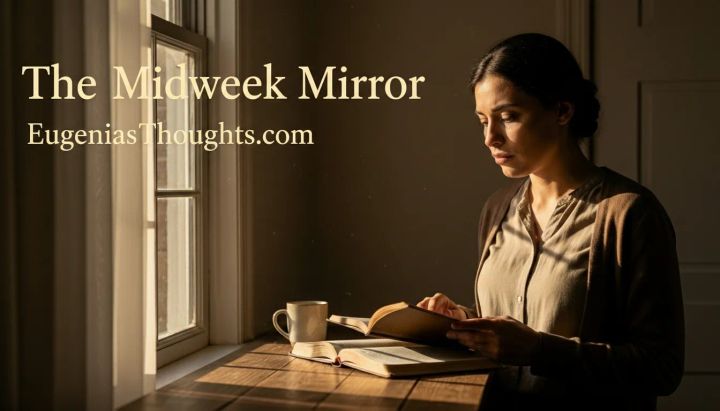 Woman reading by a sunlit window with an open book and the words “The Midweek Mirror – EugeniasThoughts.com,” symbolizing quiet reflection while remaining clean amid character attacks.