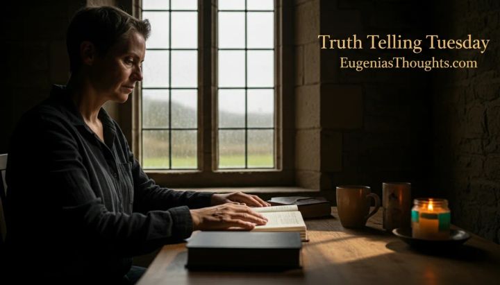 Person sitting at a wooden table with an open book and candles by a window, with the words “Truth Telling Tuesday – EugeniasThoughts.com,” symbolizing honest faith after betrayal.