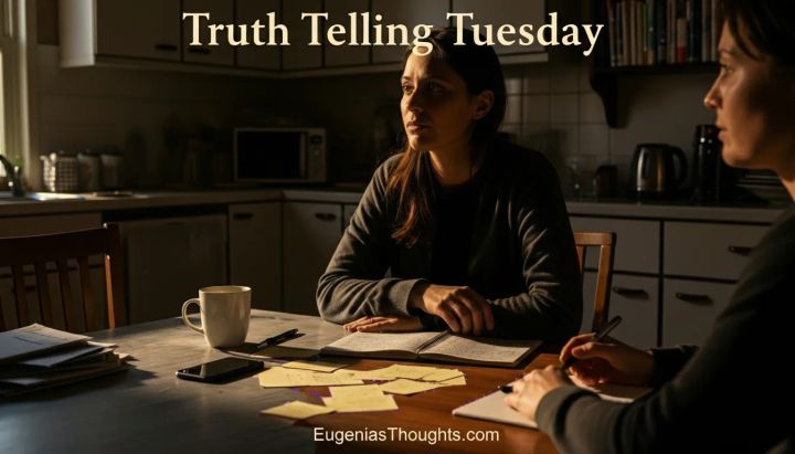 Two people sitting at a kitchen table covered in notes, notebooks, and a coffee mug, lit by warm evening light, symbolizing hard conversations and uncovering hidden truth.