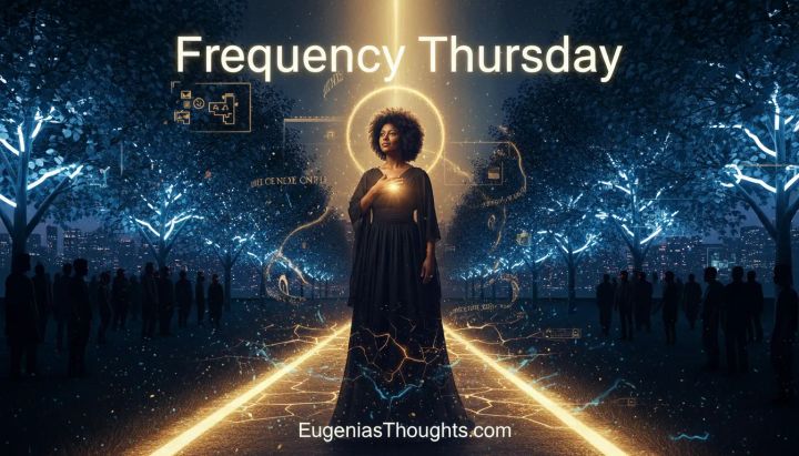 Afro-textured woman on a glowing path at night, hand over heart, halo of light around her head, crowds in shadow as she stands confident in God’s truth.