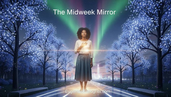 Afro-textured woman standing barefoot on a glowing path under an aurora-lit sky, hand over heart, reflecting and grounding herself in a peaceful futuristic park.