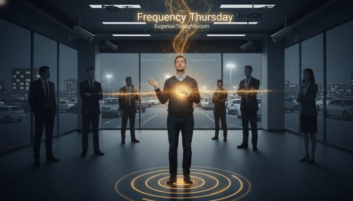 Man glowing with golden energy in a dark office, standing on circular waves while coworkers watch, with “Frequency Thursday – EugeniasThoughts.com” text above.