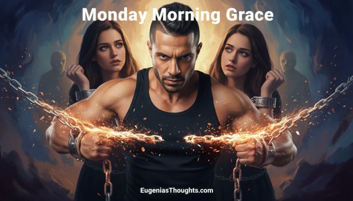 Strong man in black tank top breaking glowing chains in front of two women in cuffs, symbolizing protection, courage, and breaking spiritual and emotional bondage.