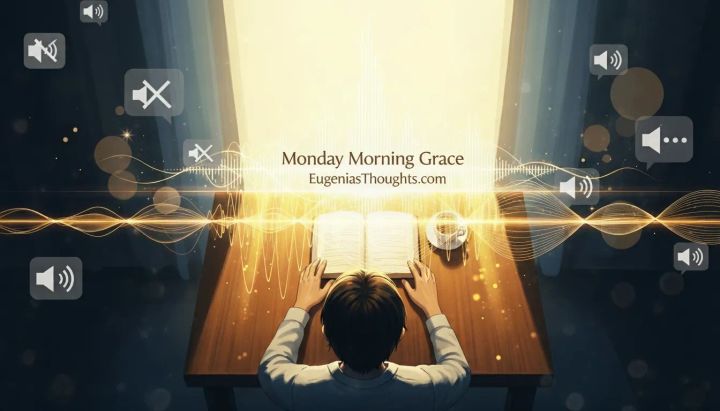Person at a glowing table with an open book and coffee, golden sound waves around them under “Monday Morning Grace – EugeniasThoughts.com,” tuning into God’s quiet frequency.