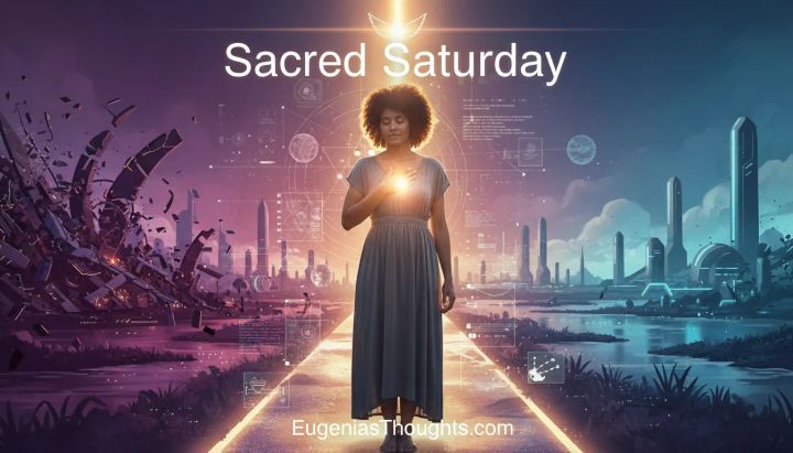 Afro-textured woman standing barefoot on a glowing path, hand over heart, halo of light and dove above her, futuristic city on one side and ruins on the other.