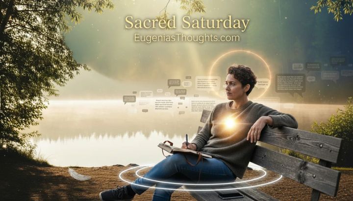 Person journaling on a lakeside bench with glowing heart and chat bubbles fading over the water under “Sacred Saturday – EugeniasThoughts.com,” symbolizing discernment and inner peace.