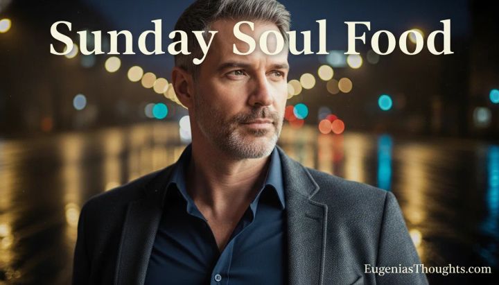 Sunday Soul Food feature image of a distinguished, fit man with salt-and-pepper hair standing in a blurred city street at night, symbolizing suspense, healing, and faithful focus.
