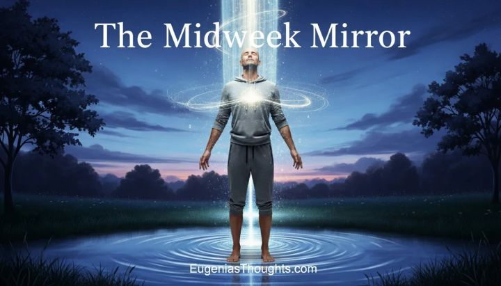 Barefoot man in a hoodie stands by a glowing pond at dusk while a vertical beam of light and swirling energy from heaven surrounds his chest, symbolizing a spiritual upgrade.