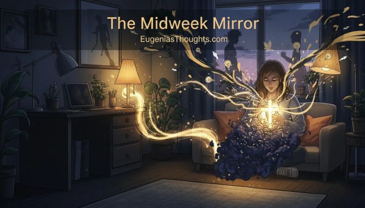 Woman on a couch in a cozy room with “The Midweek Mirror” text, dark energy turning into golden light around her, symbolizing God transforming pain into power and purpose.