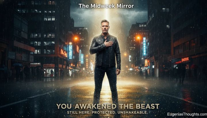 Man in a black leather jacket standing in a rainy city street under a beam of light, with the words “You Awakened the Beast, Still Here. Protected. Unshakeable.”