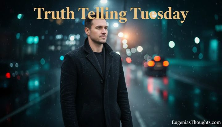Manly man in a dark coat standing alone in a rainy city street at night, with bokeh car lights behind him, symbolizing courage, confusion, and Truth-Telling Tuesday.