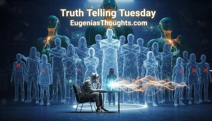 Person at a glowing computer in a circle of light facing a large holographic crowd and giant figures, with “Truth Telling Tuesday – EugeniasThoughts.com” above.