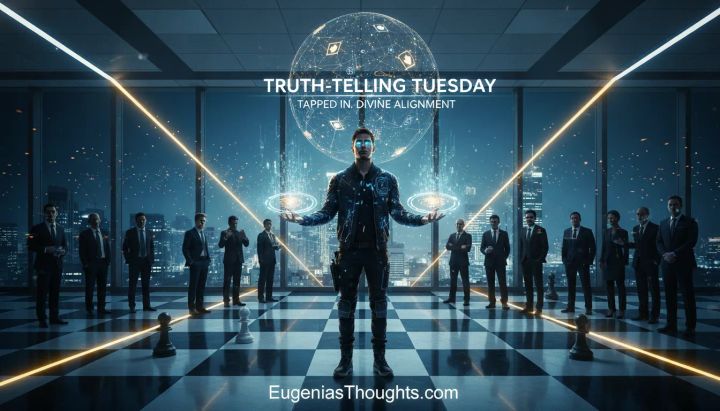 Man standing on a glowing chessboard in a glass office with city lights, light swirling from his hands, surrounded by suited figures, under “Truth-Telling Tuesday” and “EugeniasThoughts.com.”