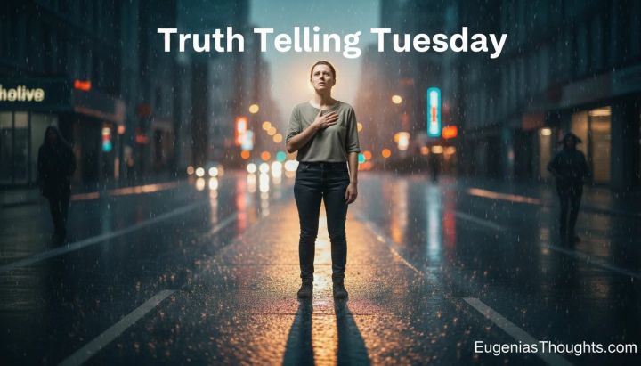 Person standing alone on a rainy city street under blurred lights, hand over heart, symbolizing Truth Telling Tuesday, feeling watched yet rooted in faith and honesty.