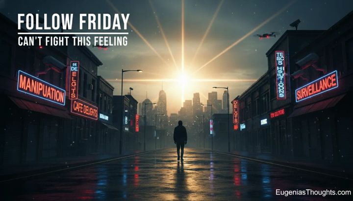 Person walking alone on wet city street at dawn, neon signs “Manipulation” and “Surveillance,” bright cross-shaped light over skyline, Follow Friday title visible.