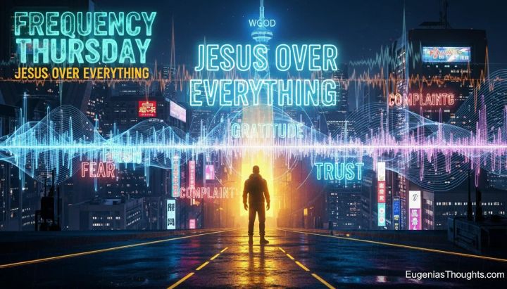 Person on glowing city street with neon text “Frequency Thursday” and “Jesus Over Everything,” sound waves labeled fear, complaint, gratitude, trust, and website EugeniasThoughts.com.