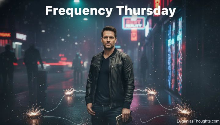Man in a black leather jacket standing on a neon city street at night with sparks and glowing lines at his feet, under the title “Frequency Thursday” and text EugeniasThoughts.com.