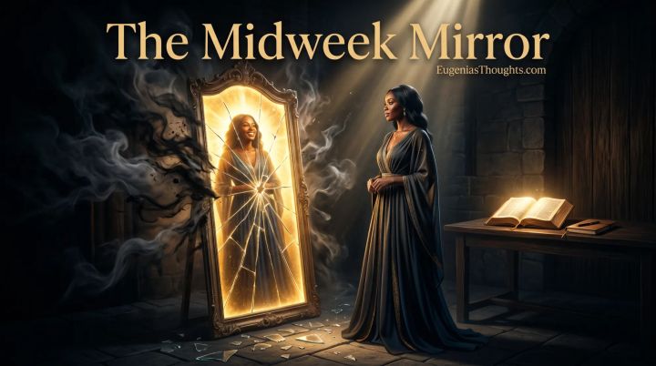 A woman stands before a cracked glowing mirror as her peaceful reflection shines, with a Bible on a table nearby.