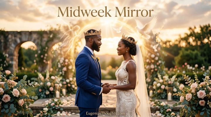 Midweek Mirror feature image: crowned Black bride and groom holding hands at a glowing outdoor altar, with light and doves behind them symbolizing God‑ordained covenant.