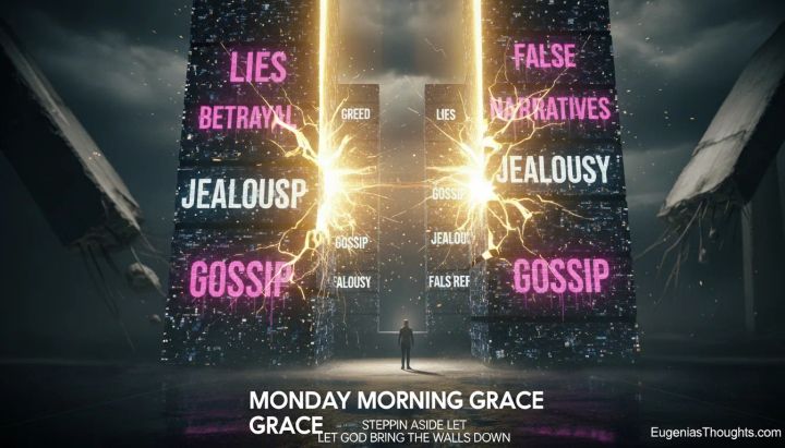 Person standing before huge digital walls labeled lies, betrayal, jealousy, gossip, false narratives as golden lightning splits them, Monday Morning Grace title visible.