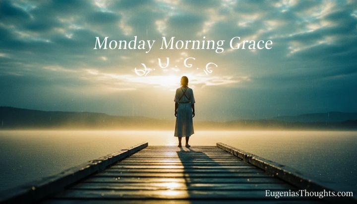Person standing at the end of a wooden dock over calm water at sunrise, under the title “Monday Morning Grace,” with EugeniasThoughts.com in the bottom right.