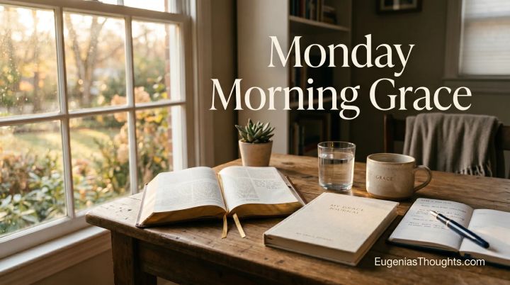Open Bible, journal, water, and mug on a wooden table by a sunlit window with Monday Morning Grace text.