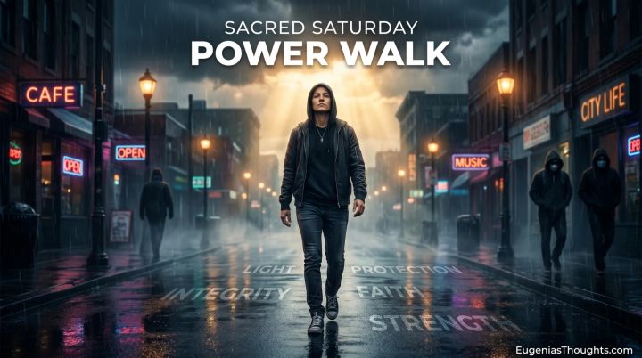Person walking down a rainy city street under stormy clouds, glowing streetlights and words like integrity, faith, strength, and protection symbolizing a Sacred Saturday power walk with God.