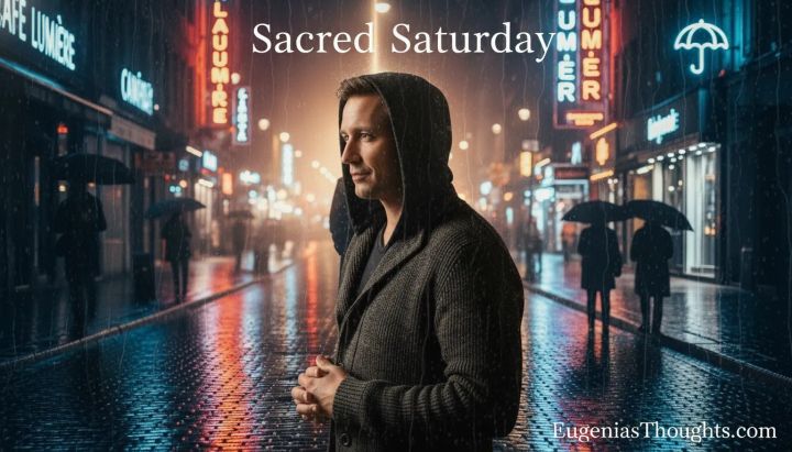 Man in a hooded sweater standing on a rainy neon city street at night, under the title “Sacred Saturday” with EugeniasThoughts.com at the bottom right.