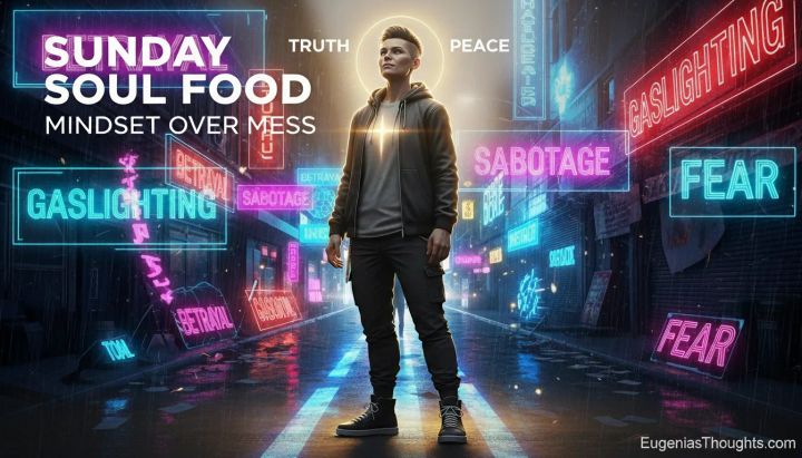 Person glowing with halo on neon city street surrounded by signs reading gaslighting, sabotage, fear, betrayal, with Sunday Soul Food Mindset Over Mess title and EugeniasThoughts.com.