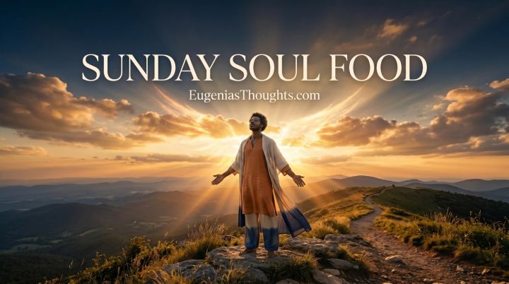 A person with glowing wings stands on a mountaintop at sunrise with Sunday Soul Food text above.