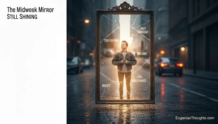 Person standing inside a large framed mirror on a wet city street, cracks labeled not enough, failure, regret, too unlovable, warm light behind them, The Midweek Mirror title.