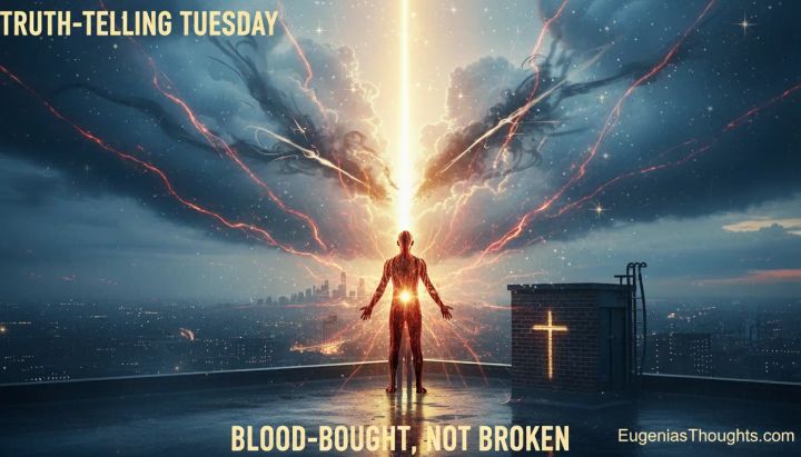 Figure glowing with light on a rooftop under a stormy, starry sky, lightning-like clouds above, glowing cross on a wall, text “Truth-Telling Tuesday – Blood-Bought, Not Broken.”