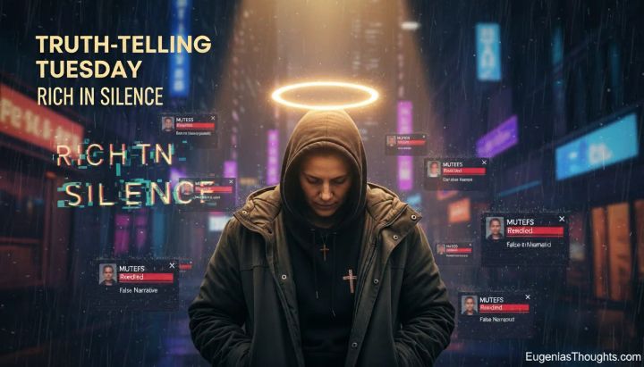 Hooded figure with glowing halo stands in neon city street, surrounded by muted notification boxes and text “Truth-Telling Tuesday – Rich in Silence,” EugeniasThoughts.com at bottom right.