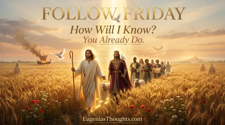 The Good Shepherd leads a crowned King and a small chosen company through a golden wheat field at sunset as "How Will I Know? You Already Do." glows in the sky above them.