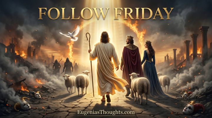 Jesus the Good Shepherd leads a crowned King and Queen and a small flock of sheep through a burning world toward a glowing column of Heaven-light as a white dove flies ahead.