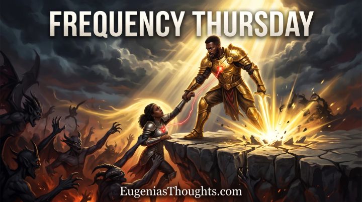 Armored King on a cliff pulls an armored Queen from a fiery pit while golden light blasts back demonic figures and a glowing red line connects their hearts.
